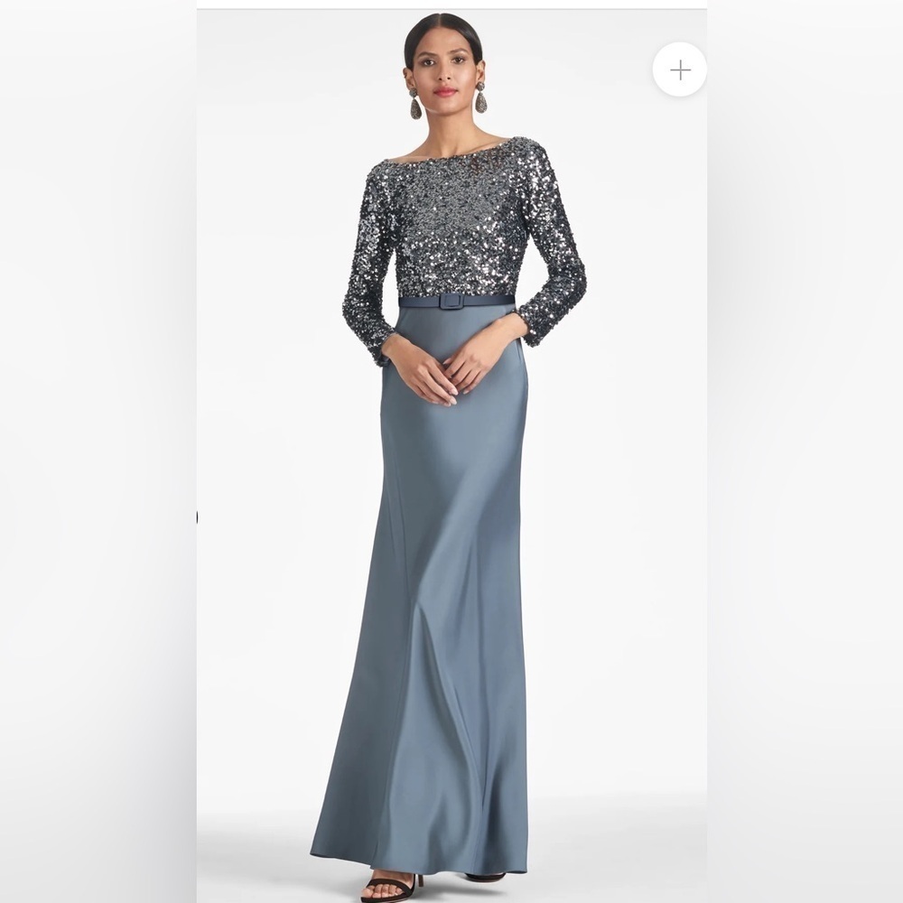 Sachin + Babi Silver Sequin Bodice Slate-Blue Satin Gown